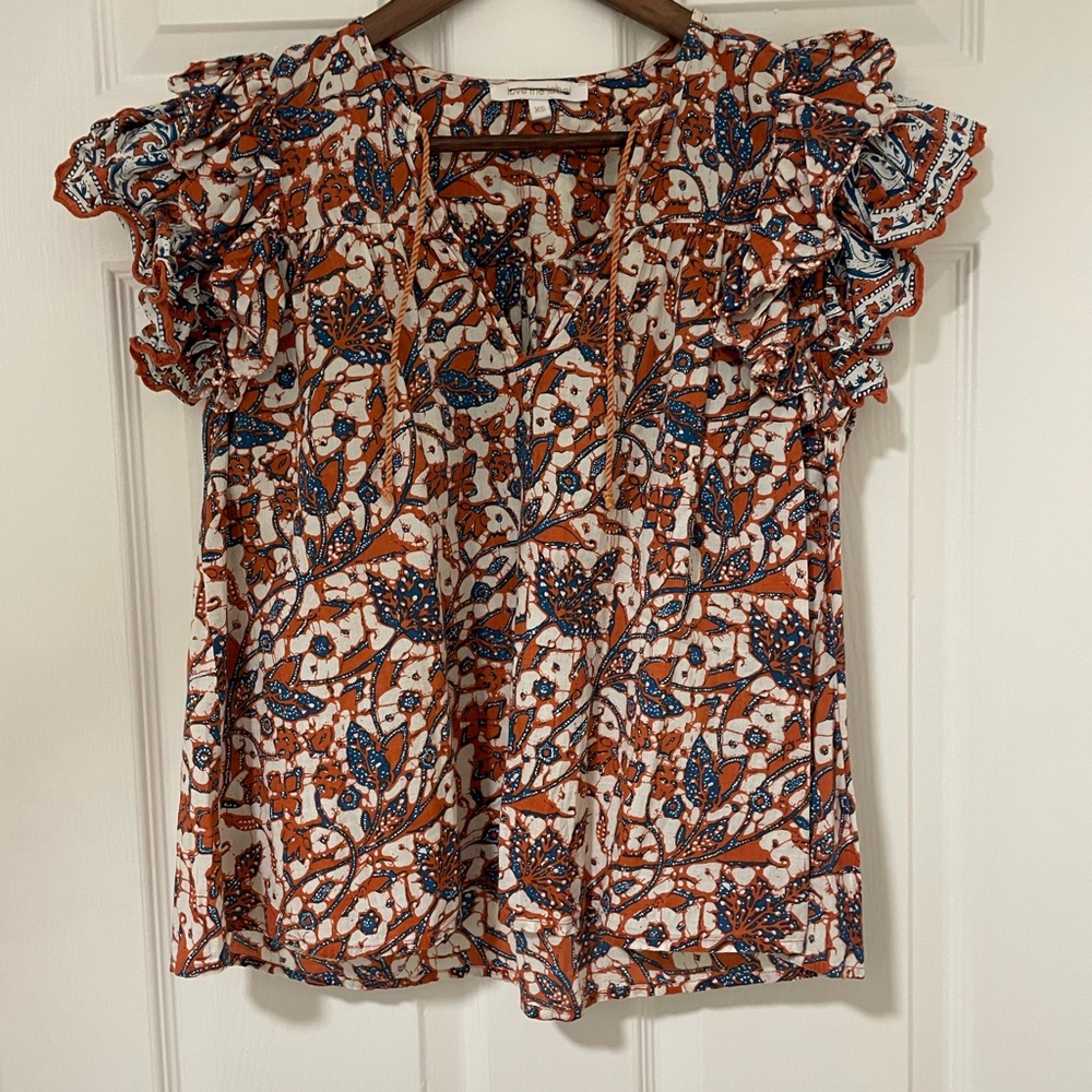 Love the Label Floral Ruffle Sleeve Top - Orange and Blue